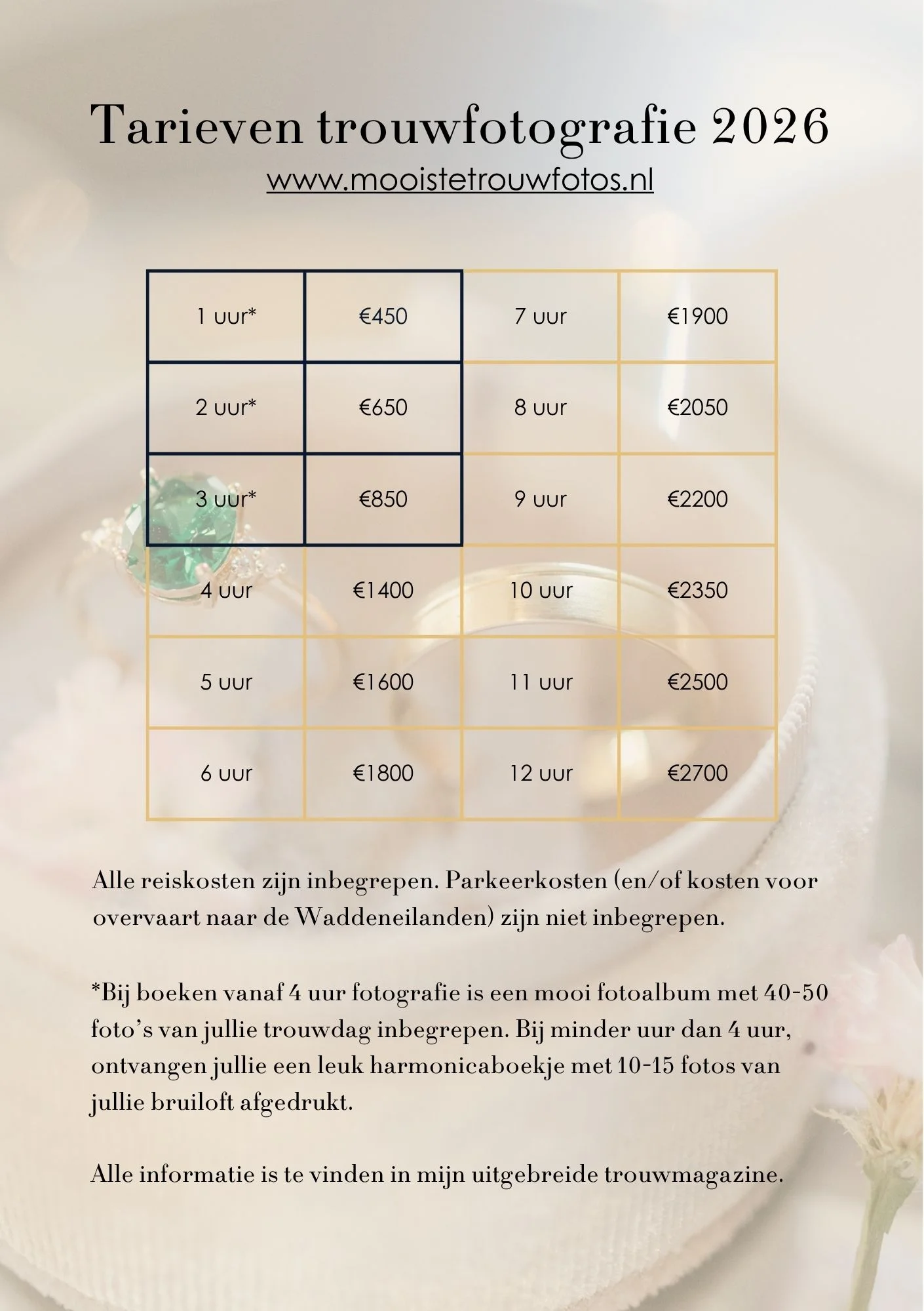 Tarieven vanaf 1 uur trouwfotografie vanaf juli